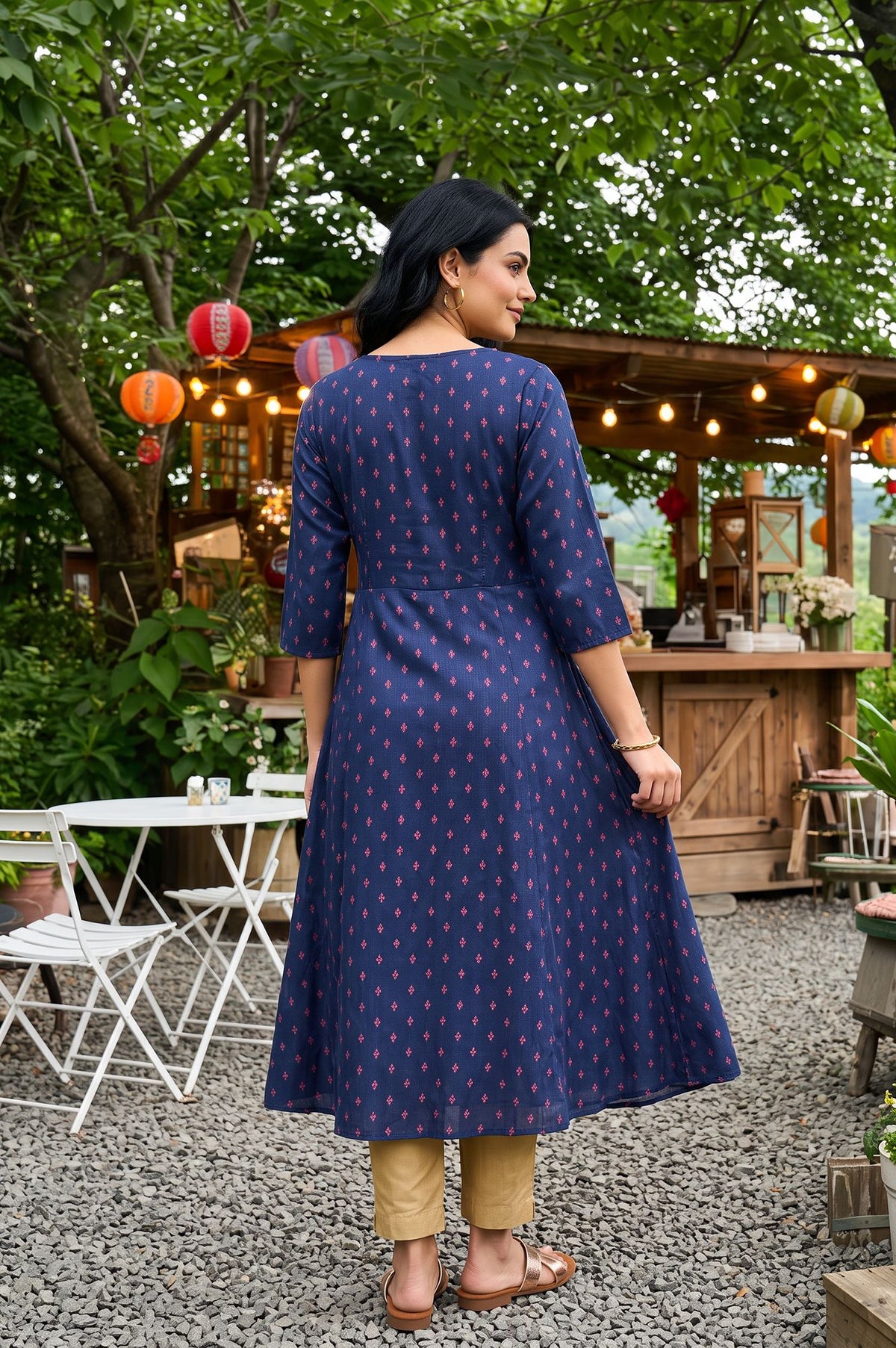 Navy Blue Sequins Ethnic Motifs Printed Shantung A-line Kurta with Slim Pants Set