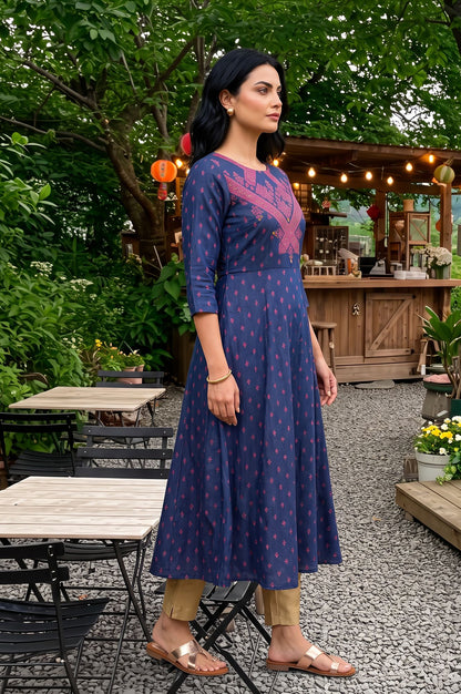 Navy Blue Sequins Ethnic Motifs Printed Shantung A-line Kurta with Slim Pants Set