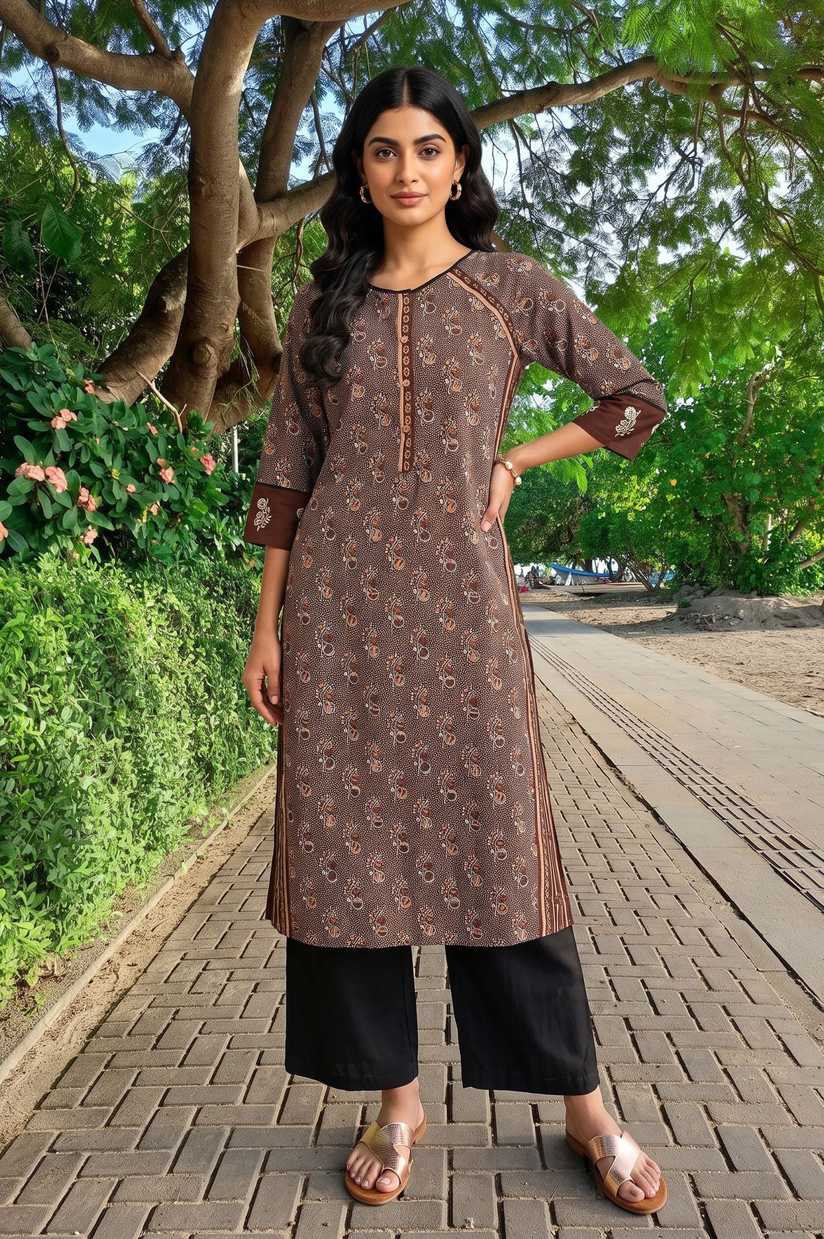 Brown Floral Printed Rayon Straight Kurta with Flared Pants