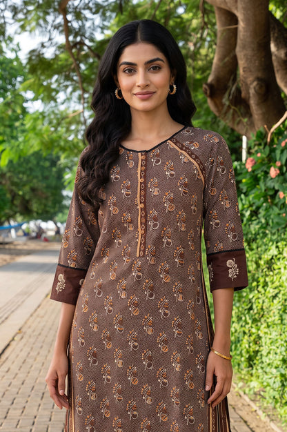 Brown Floral Printed Rayon Straight Kurta with Flared Pants