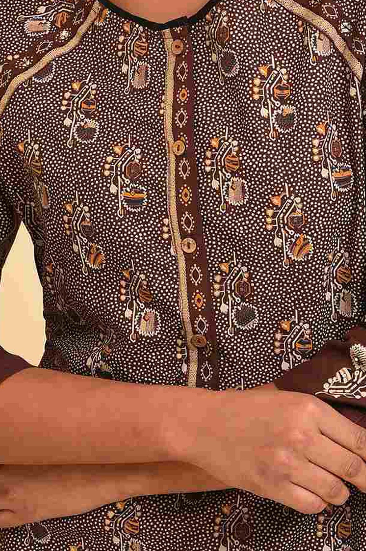 Brown Floral Printed Rayon Straight Kurta with Flared Pants