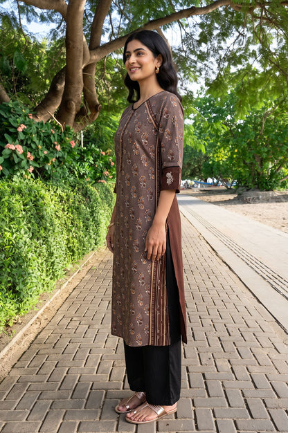 Brown Floral Printed Rayon Straight Kurta with Flared Pants
