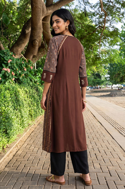 Brown Floral Printed Rayon Straight Kurta with Flared Pants