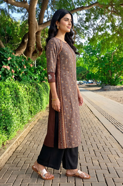 Brown Floral Printed Rayon Straight Kurta with Flared Pants