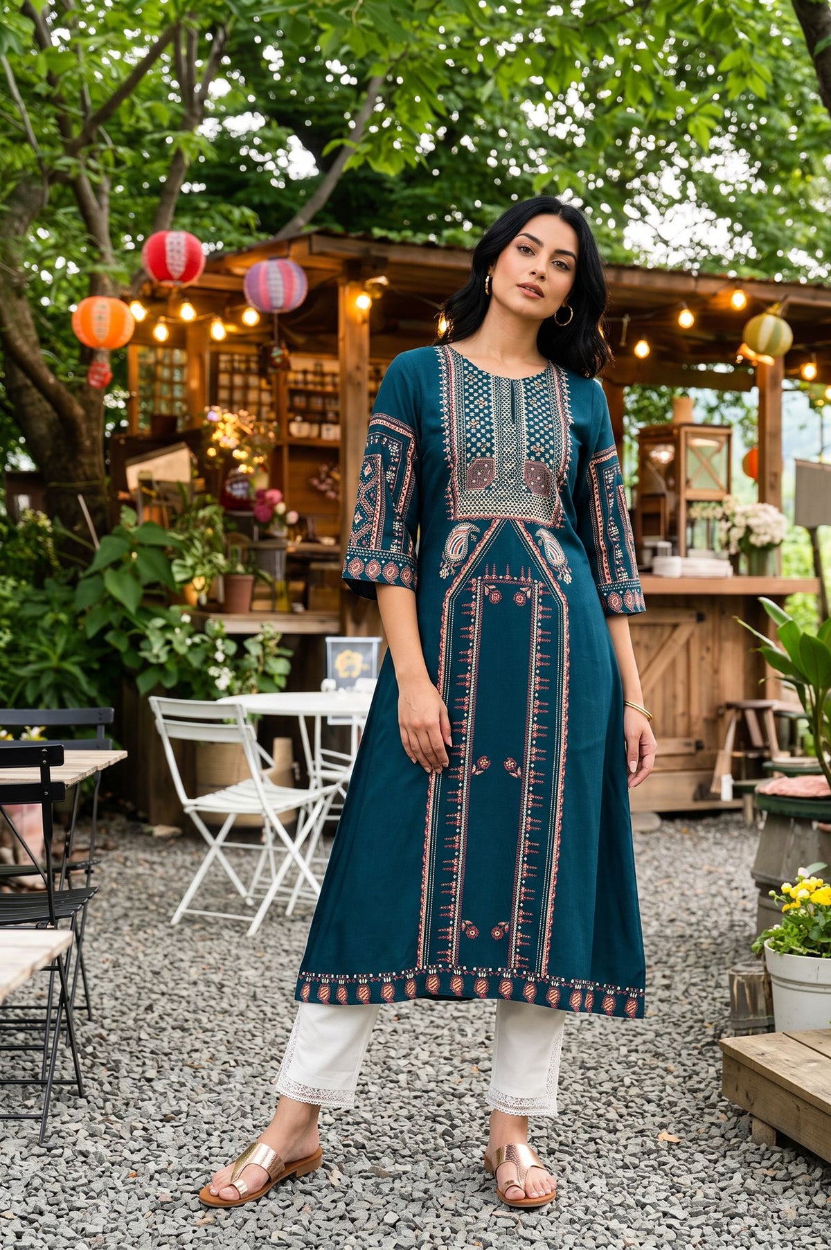 Teal Sequins Printed Rayon A-line Kurta with Slim Pant Set