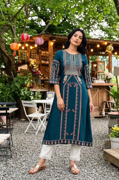 Teal Sequins Printed Rayon A-line Kurta with Slim Pant Set