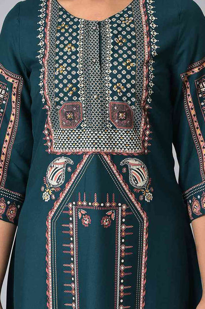 Teal Sequins Printed Rayon A-line Kurta with Slim Pant Set