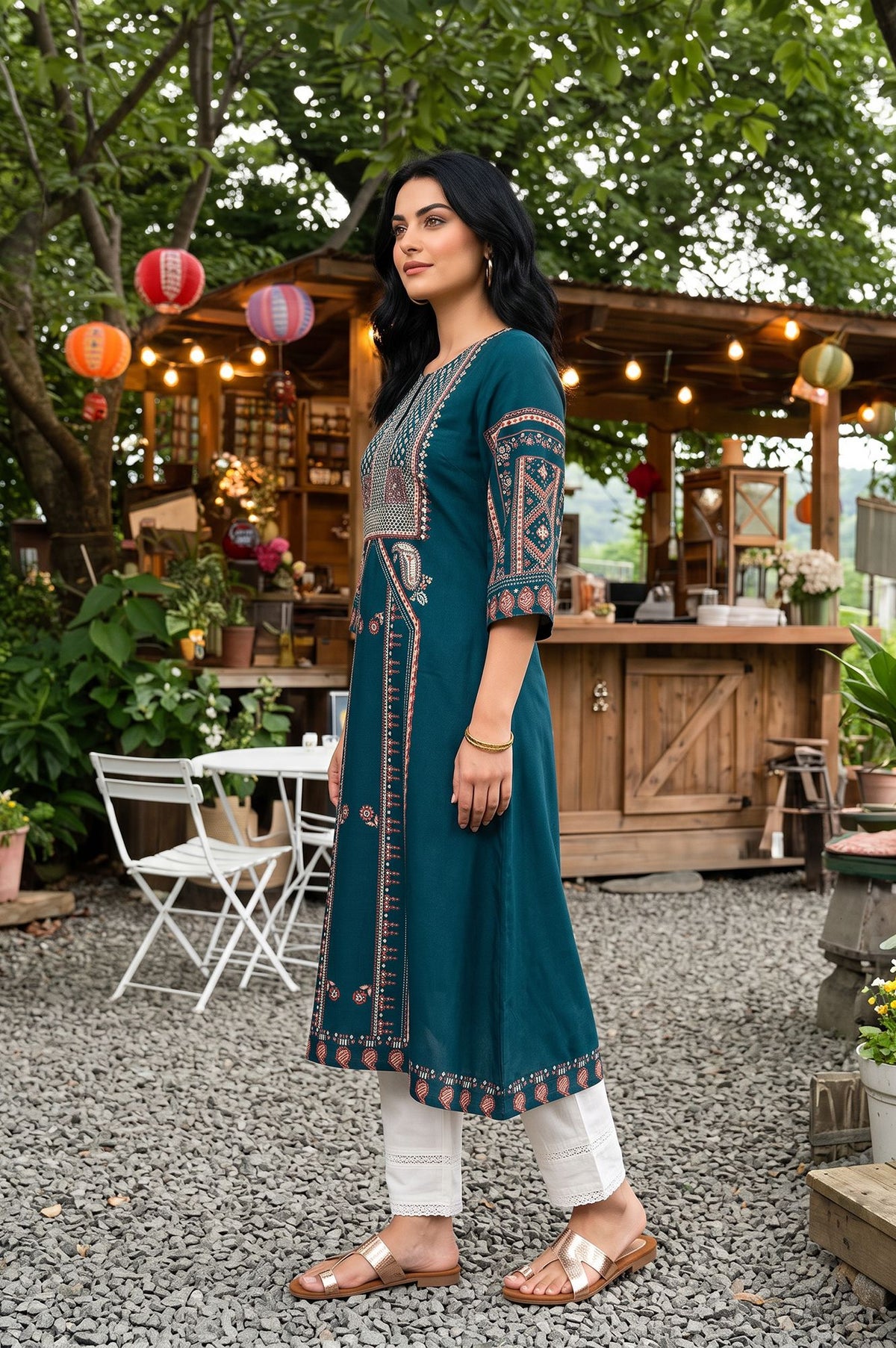 Teal Sequins Printed Rayon A-line Kurta with Slim Pant Set