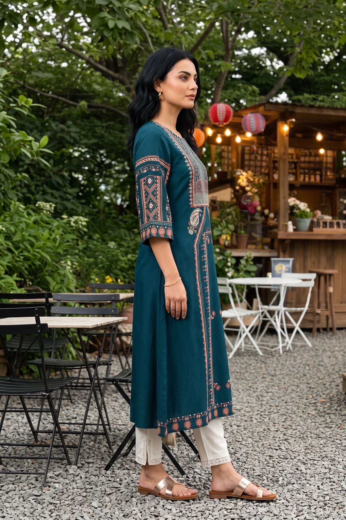 Teal Sequins Printed Rayon A-line Kurta with Slim Pant Set