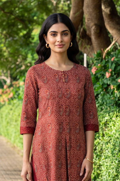 W Maroon Paisley Printed Sequins Straight Kurta with Slim Pant