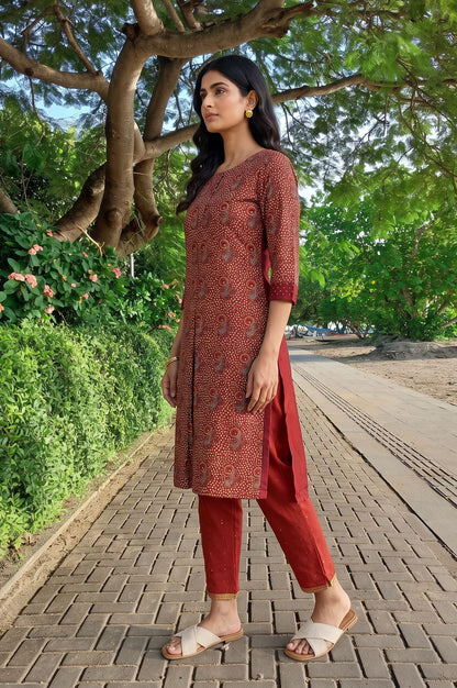 W Maroon Paisley Printed Sequins Straight Kurta with Slim Pant