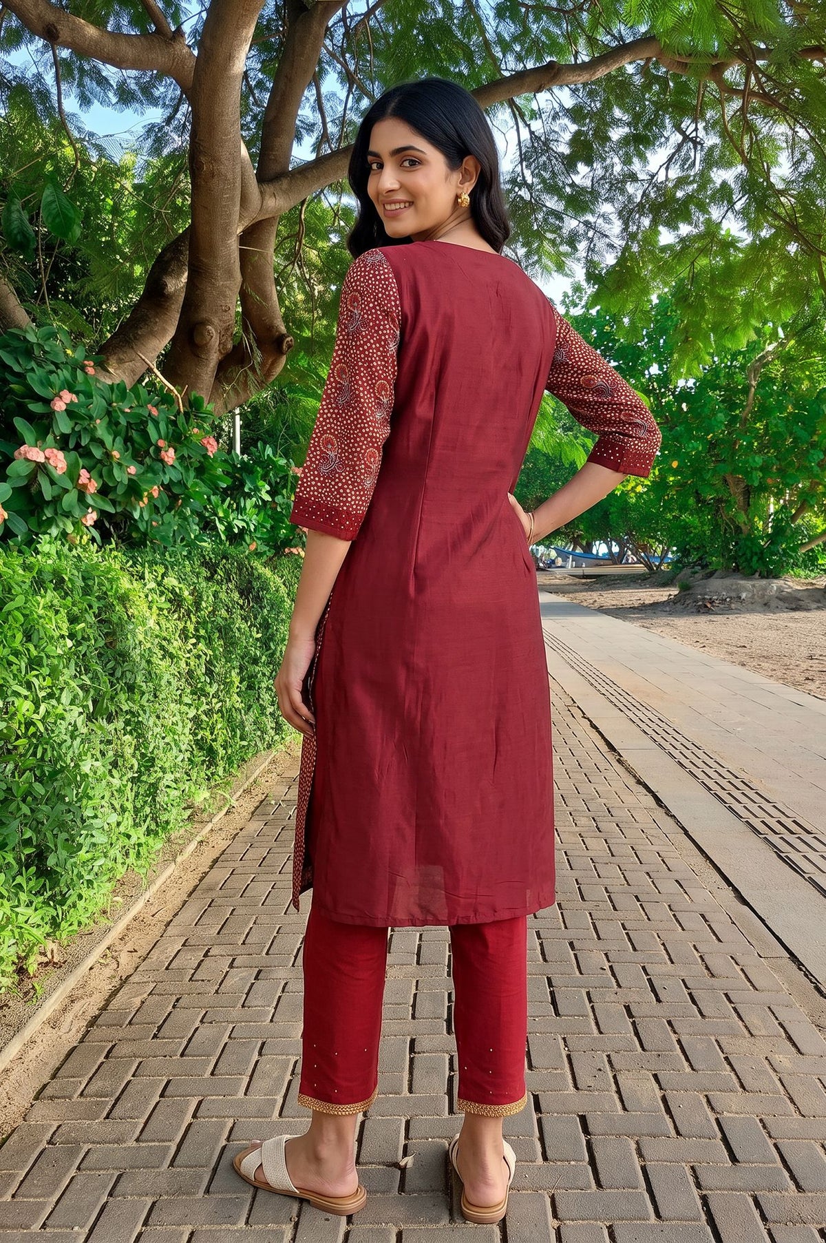 W Maroon Paisley Printed Sequins Straight Kurta with Slim Pant