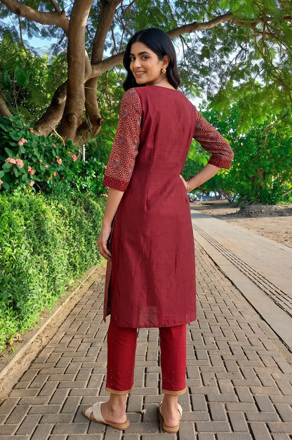 W Maroon Paisley Printed Sequins Straight Kurta with Slim Pant