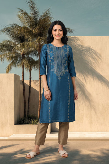 Teal Foil Printed Straight Kurta with Slim Pant Set