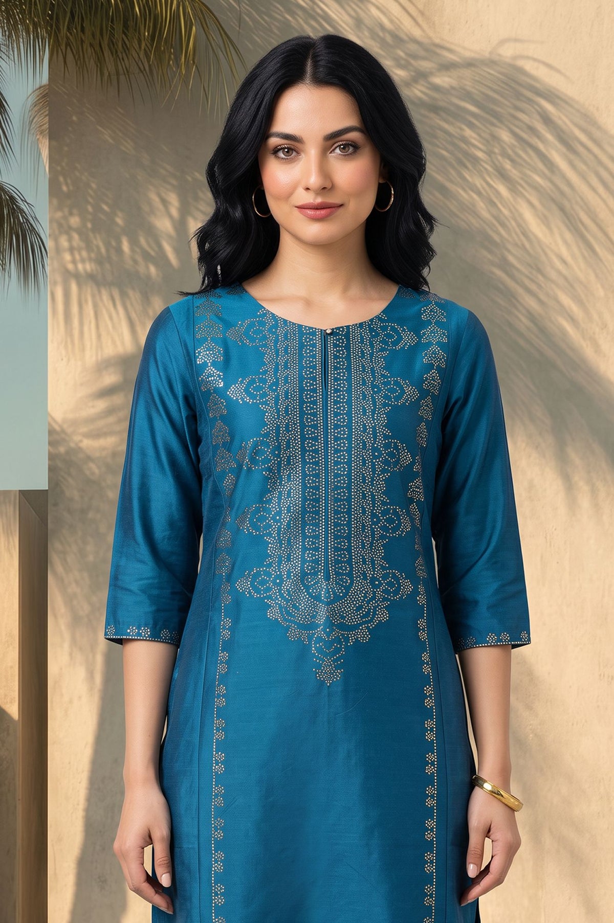 Teal Foil Printed Straight Kurta with Slim Pant Set