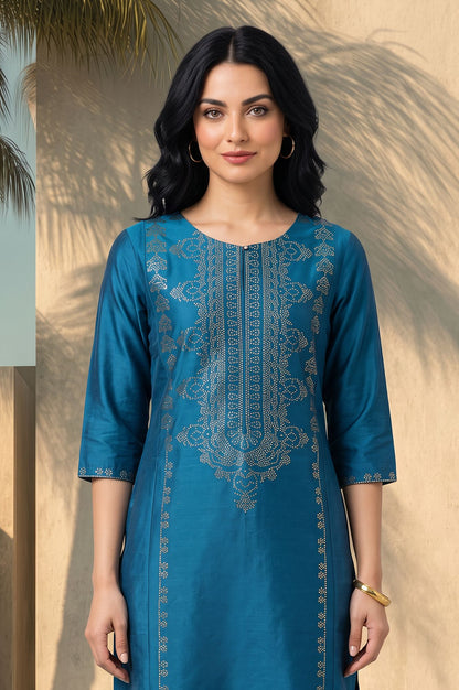 Teal Foil Printed Straight Kurta with Slim Pant Set