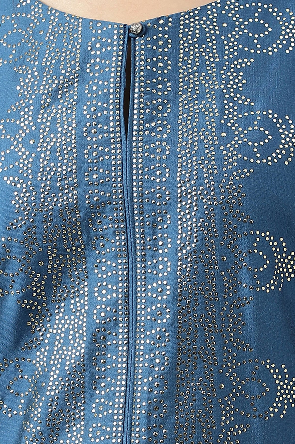 Teal Foil Printed Straight Kurta with Slim Pant Set