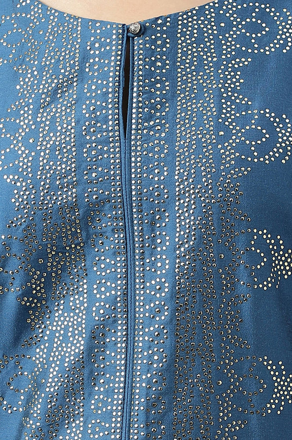 Teal Foil Printed Straight Kurta with Slim Pant Set