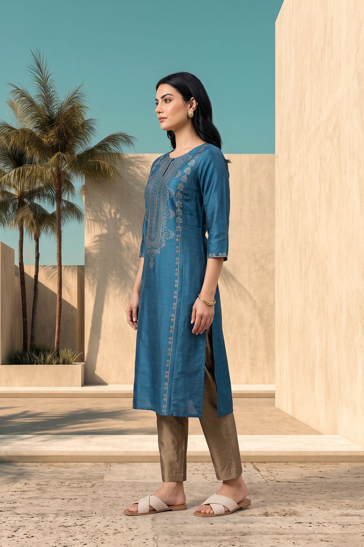 Teal Foil Printed Straight Kurta with Slim Pant Set