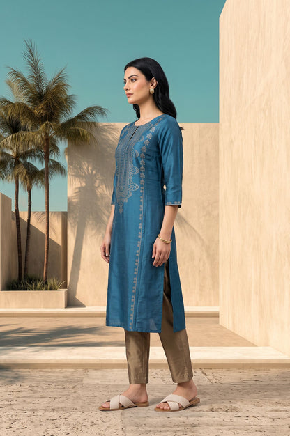Teal Foil Printed Straight Kurta with Slim Pant Set