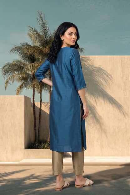 Teal Foil Printed Straight Kurta with Slim Pant Set