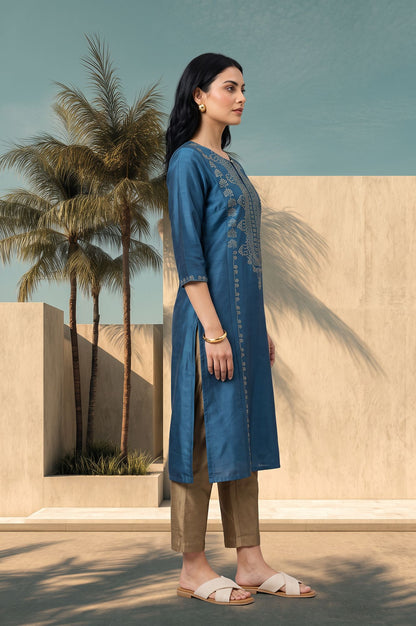 Teal Foil Printed Straight Kurta with Slim Pant Set