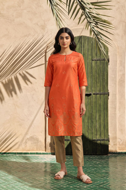 Orange Foil Printed Shantung Straight Kurta with Slim Pant Set