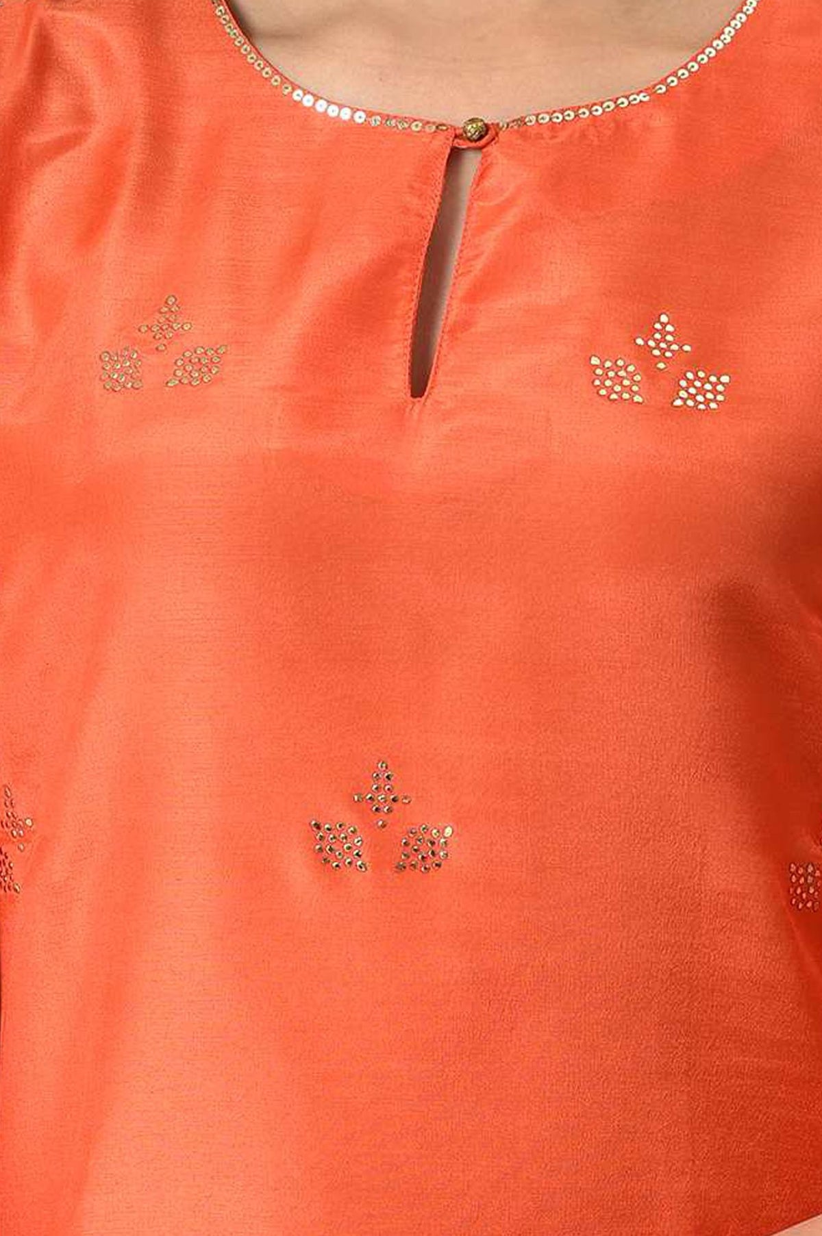 Orange Foil Printed Shantung Straight Kurta with Slim Pant Set
