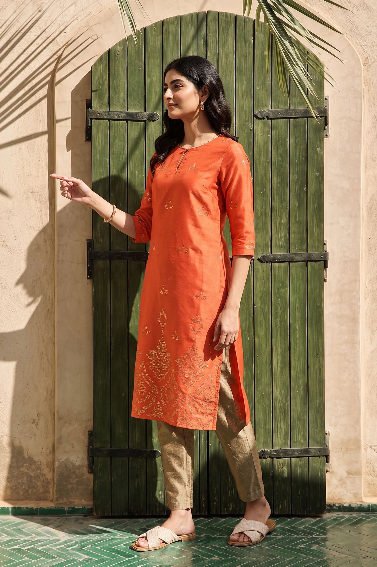 Orange Foil Printed Shantung Straight Kurta with Slim Pant Set