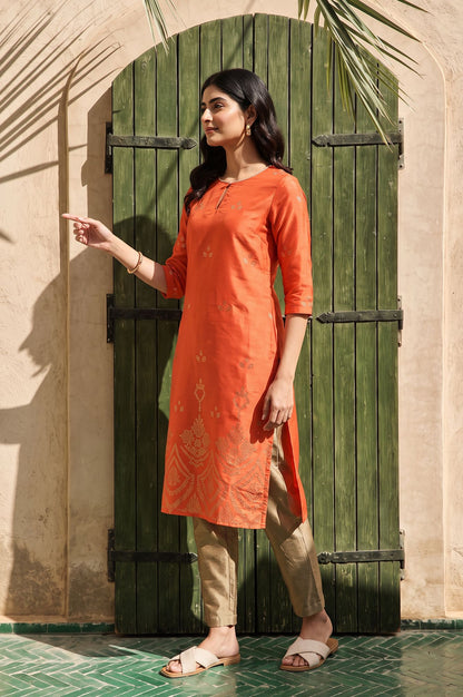Orange Foil Printed Shantung Straight Kurta with Slim Pant Set