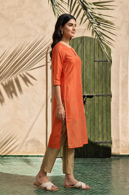 Orange Foil Printed Shantung Straight Kurta with Slim Pant Set