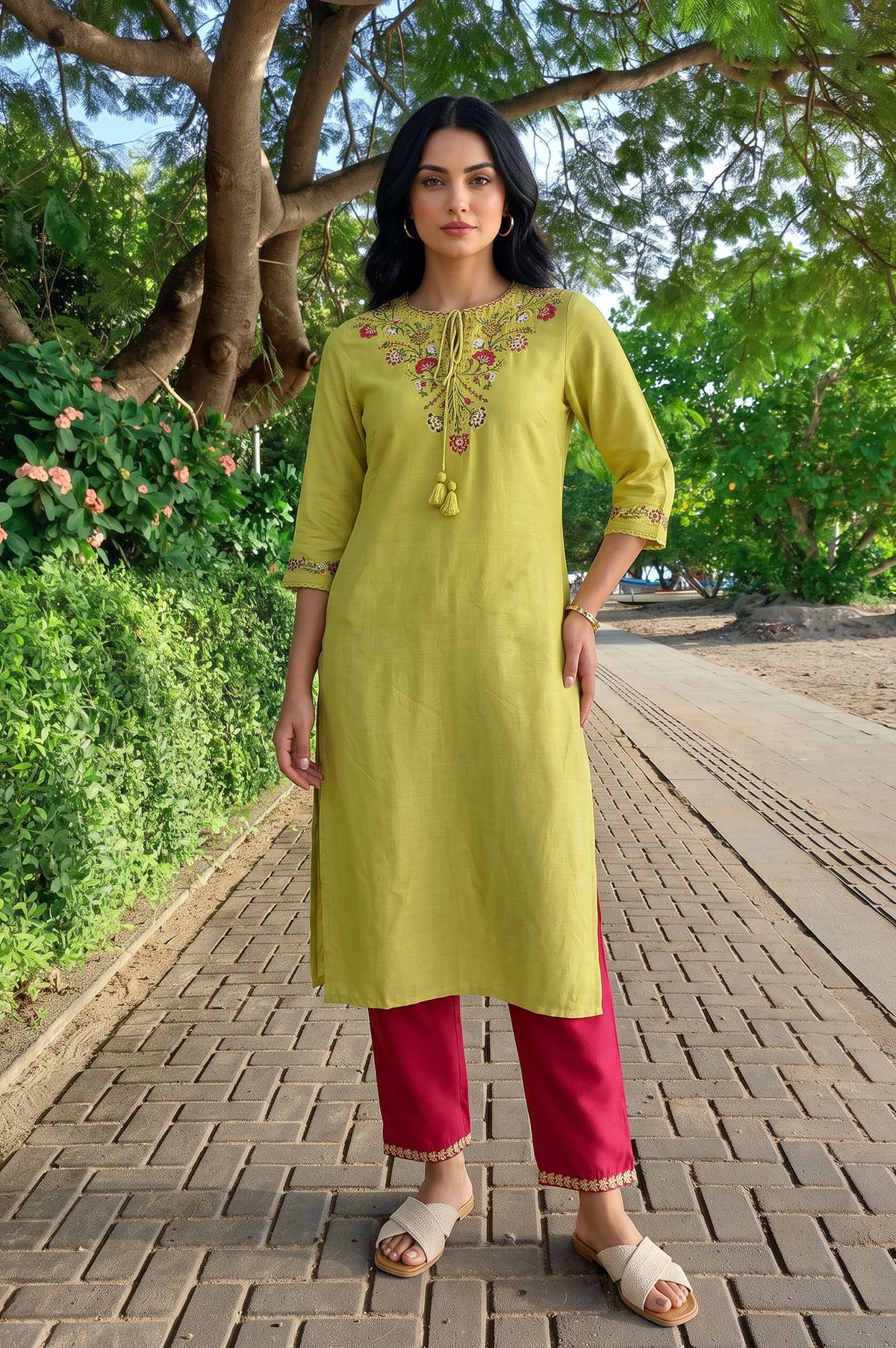 Lime Green Thread Embroidered Rayon Flax Straight Kurta with Slim Pant