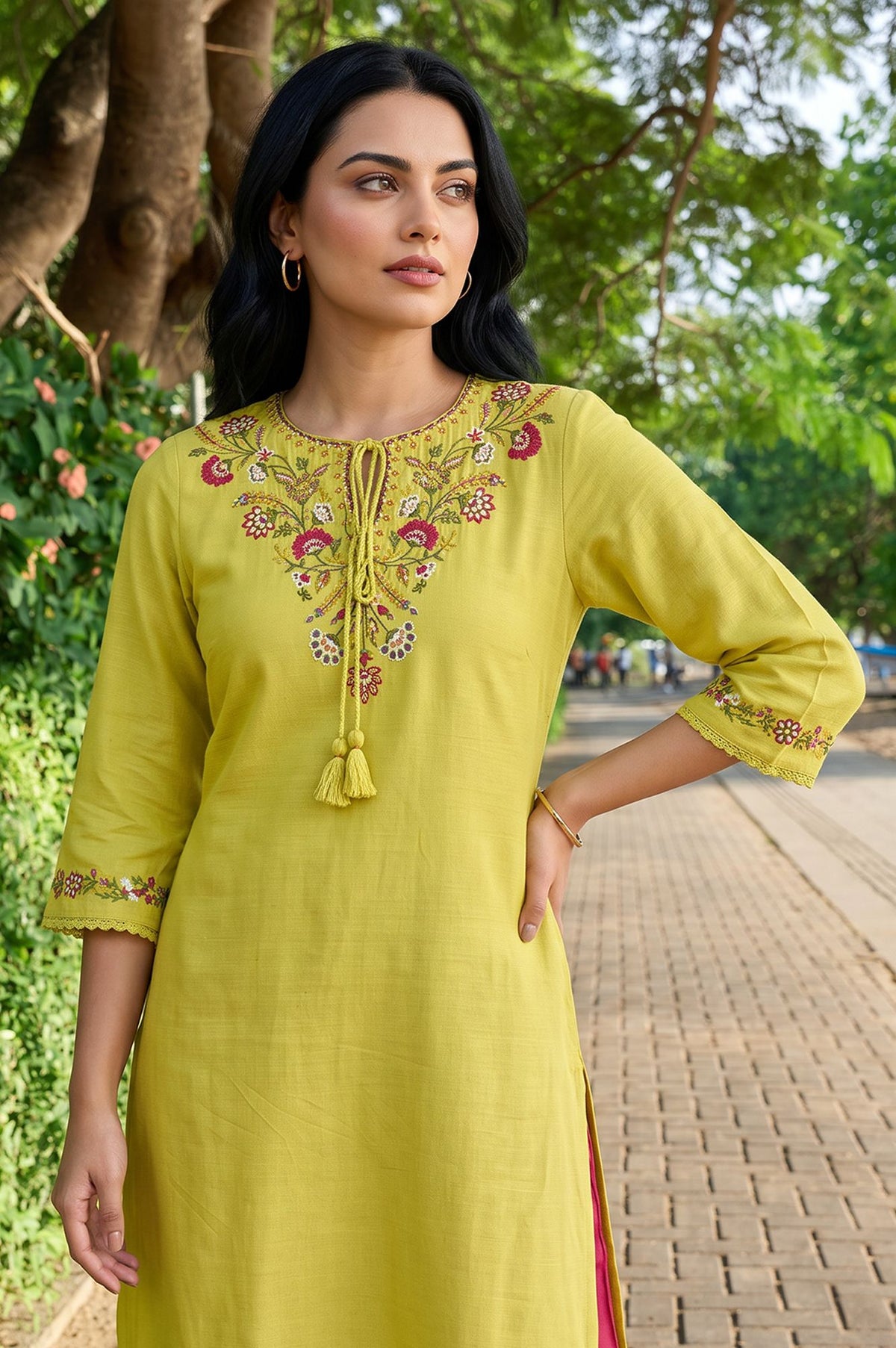 Lime Green Thread Embroidered Rayon Flax Straight Kurta with Slim Pant