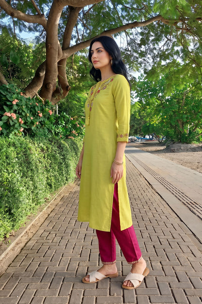 Lime Green Thread Embroidered Rayon Flax Straight Kurta with Slim Pant