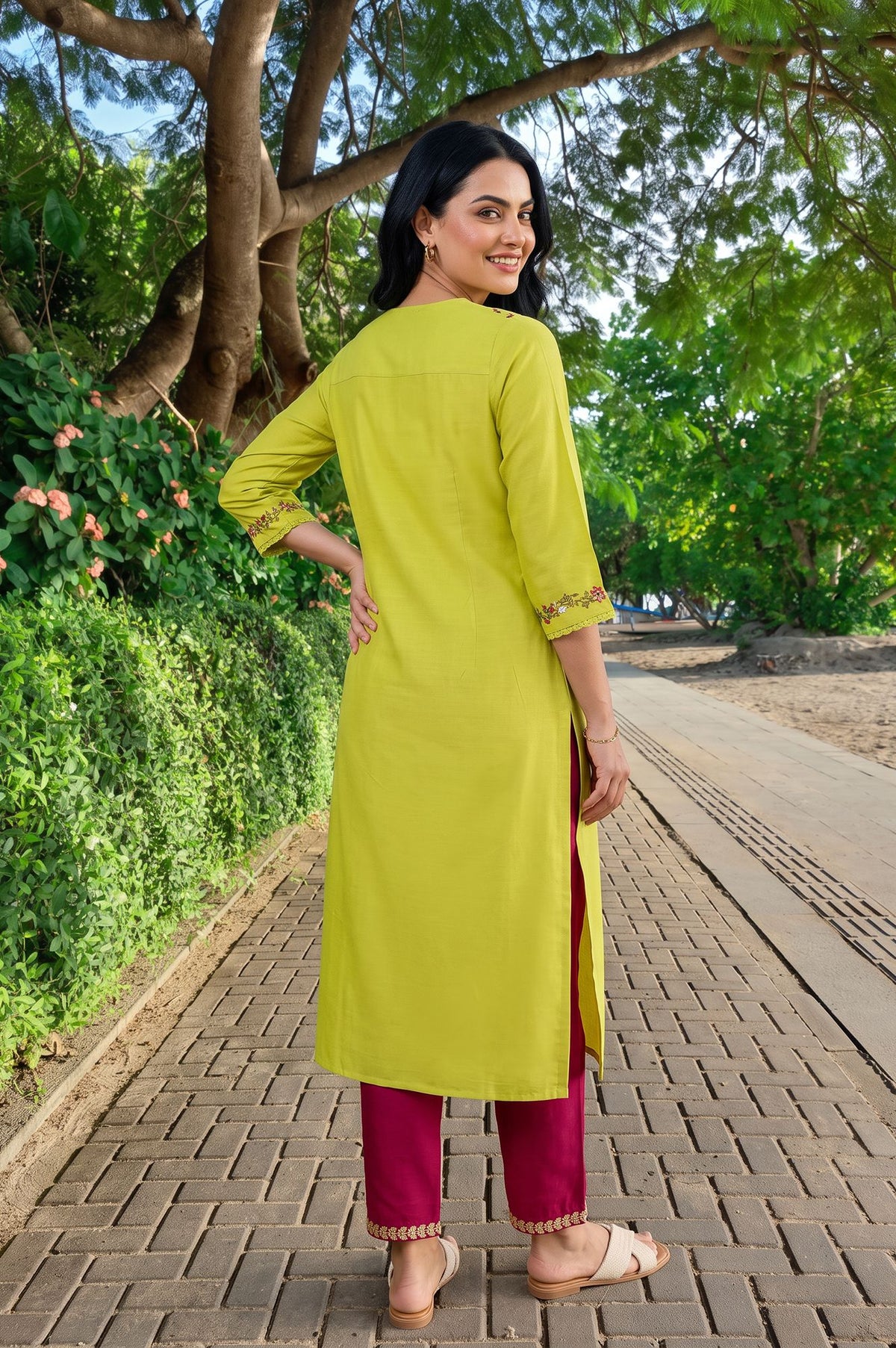 Lime Green Thread Embroidered Rayon Flax Straight Kurta with Slim Pant