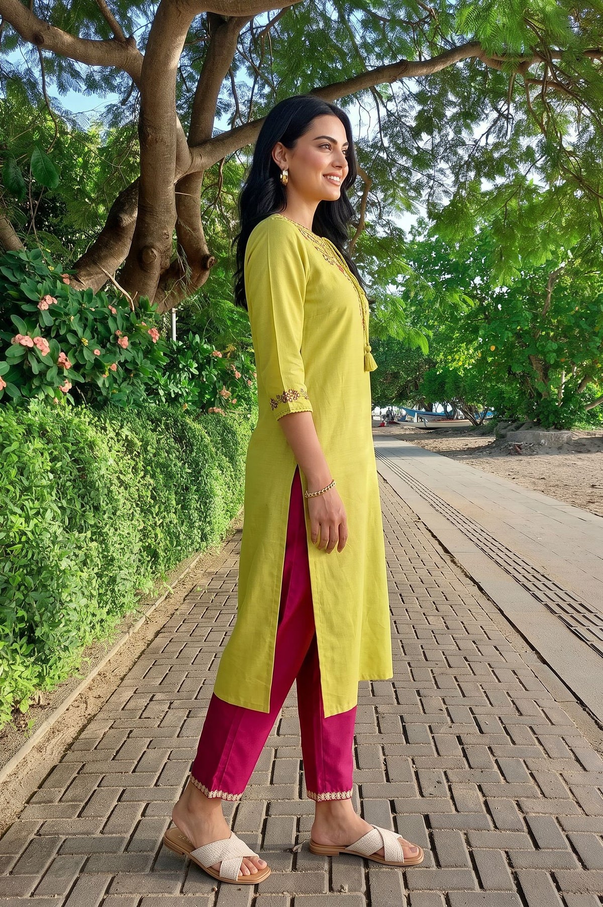 Lime Green Thread Embroidered Rayon Flax Straight Kurta with Slim Pant