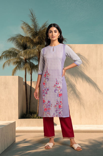 Grey Floral Printed Muslin Silk Straight Kurta with Slim Pant Set