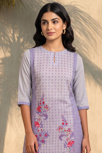 Grey Floral Printed Muslin Silk Straight Kurta with Slim Pant Set