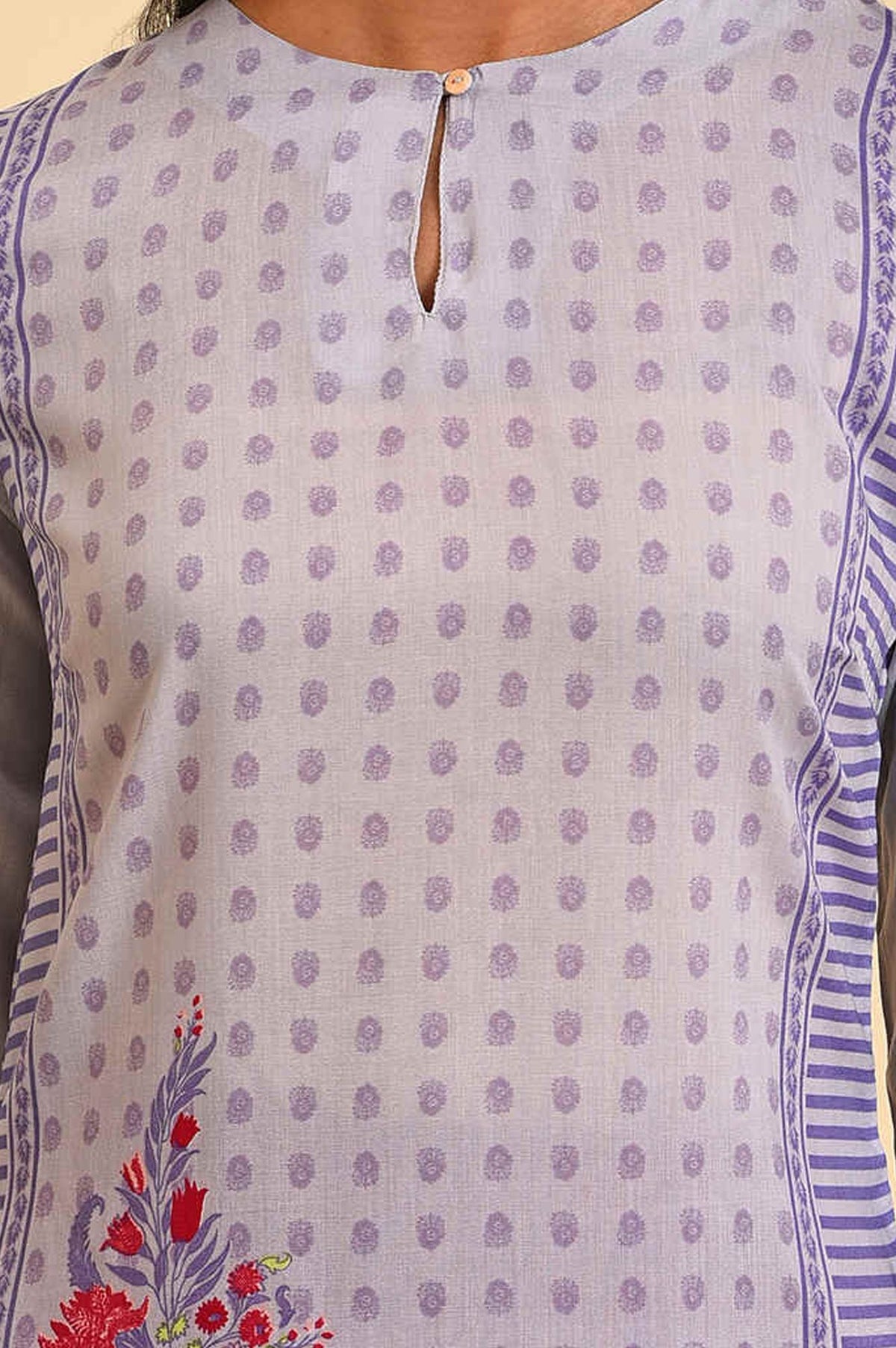 Grey Floral Printed Muslin Silk Straight Kurta with Slim Pant Set