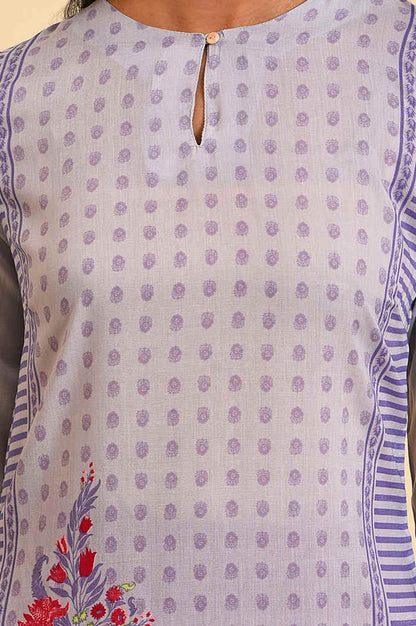 Grey Floral Printed Muslin Silk Straight Kurta with Slim Pant Set