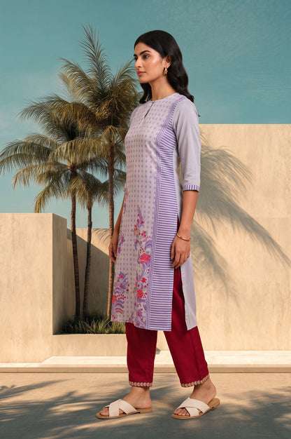 Grey Floral Printed Muslin Silk Straight Kurta with Slim Pant Set