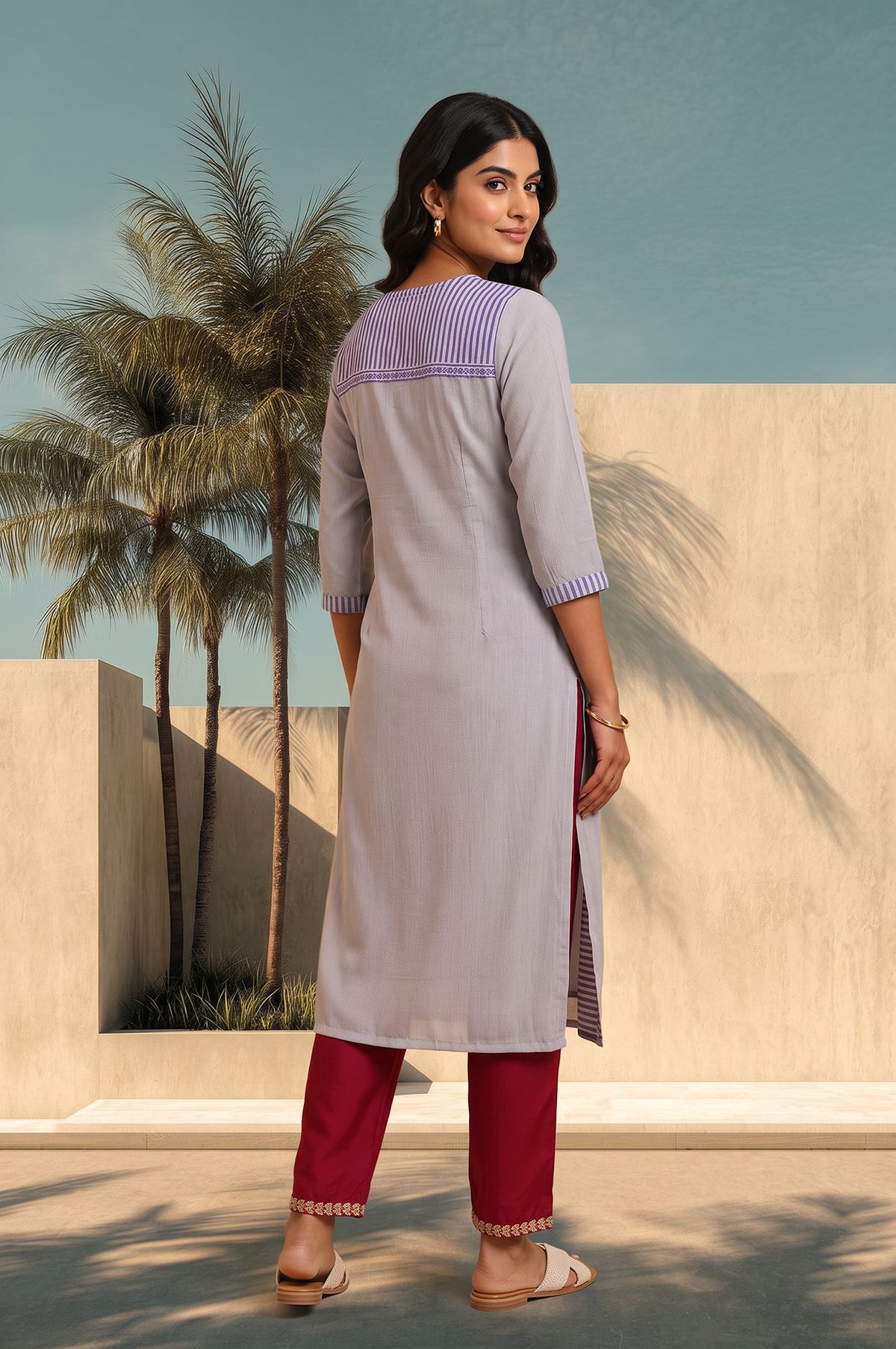 Grey Floral Printed Muslin Silk Straight Kurta with Slim Pant Set