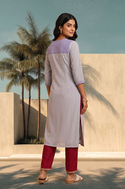 Grey Floral Printed Muslin Silk Straight Kurta with Slim Pant Set