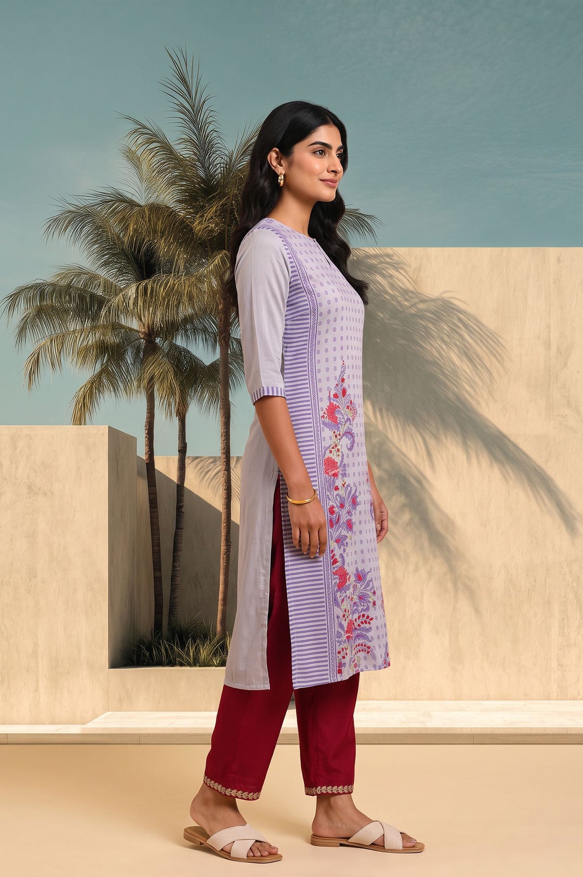 Grey Floral Printed Muslin Silk Straight Kurta with Slim Pant Set