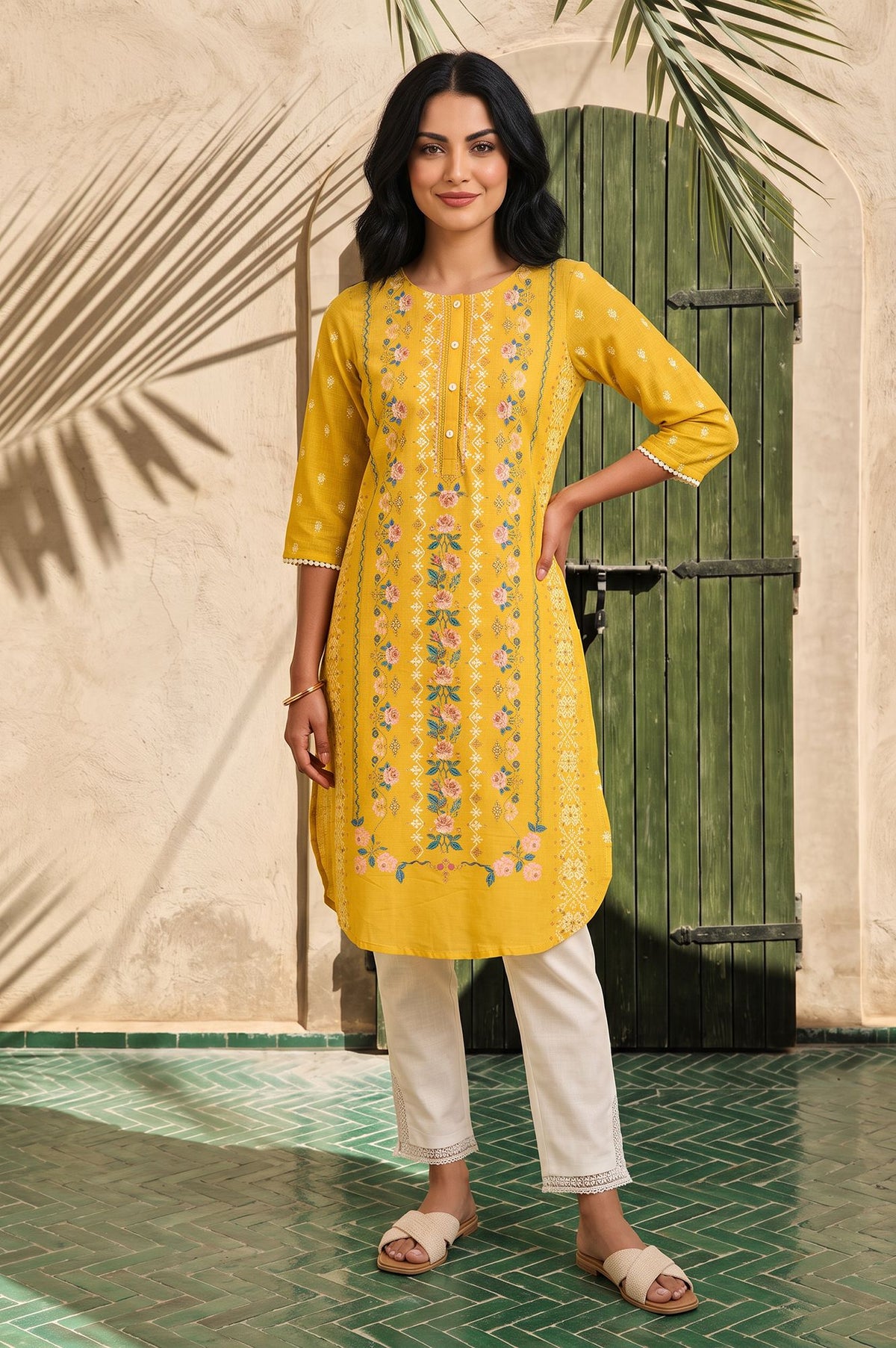 Yellow Floral Printed Lace Pure Cotton Straight Kurta with Slim Pant Set