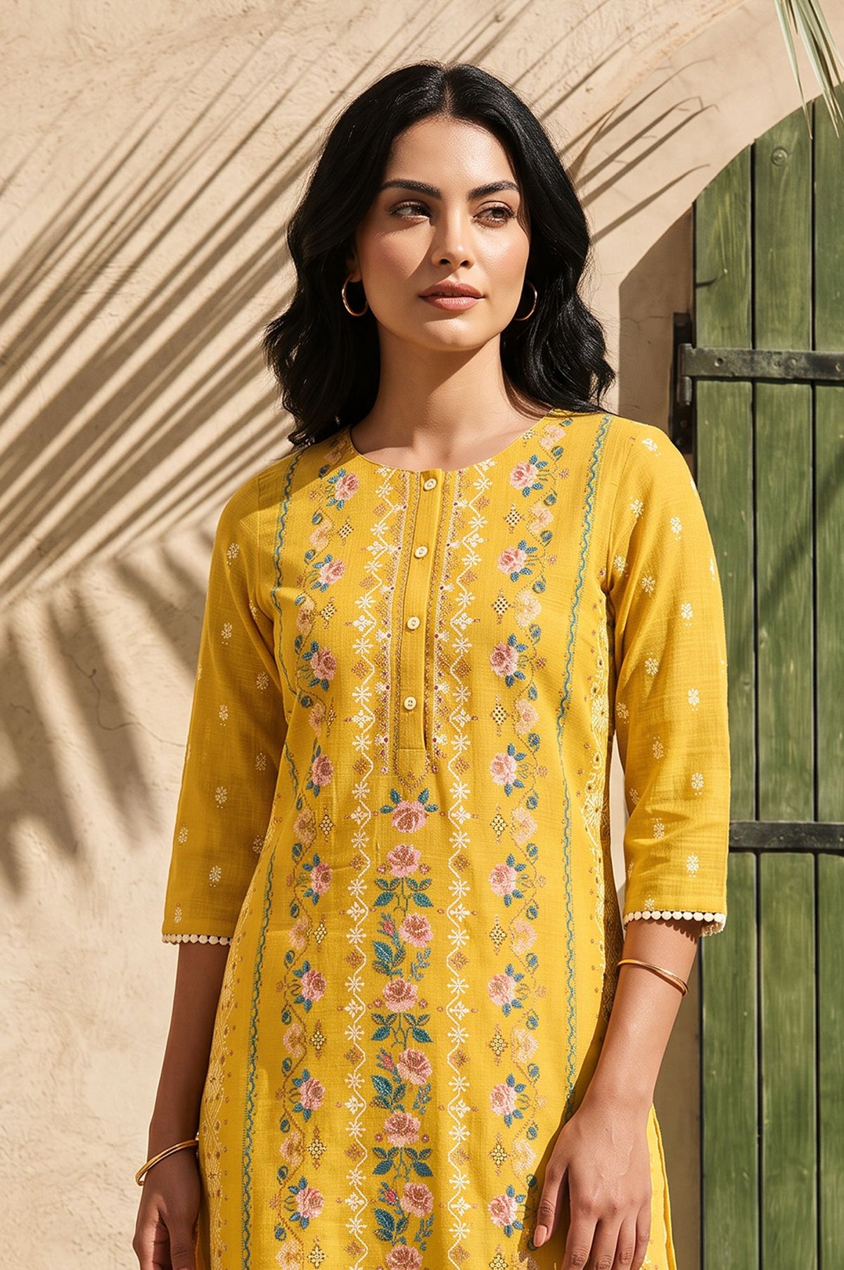 Yellow Floral Printed Lace Pure Cotton Straight Kurta with Slim Pant Set