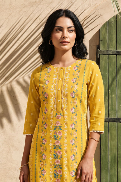 Yellow Floral Printed Lace Pure Cotton Straight Kurta with Slim Pant Set