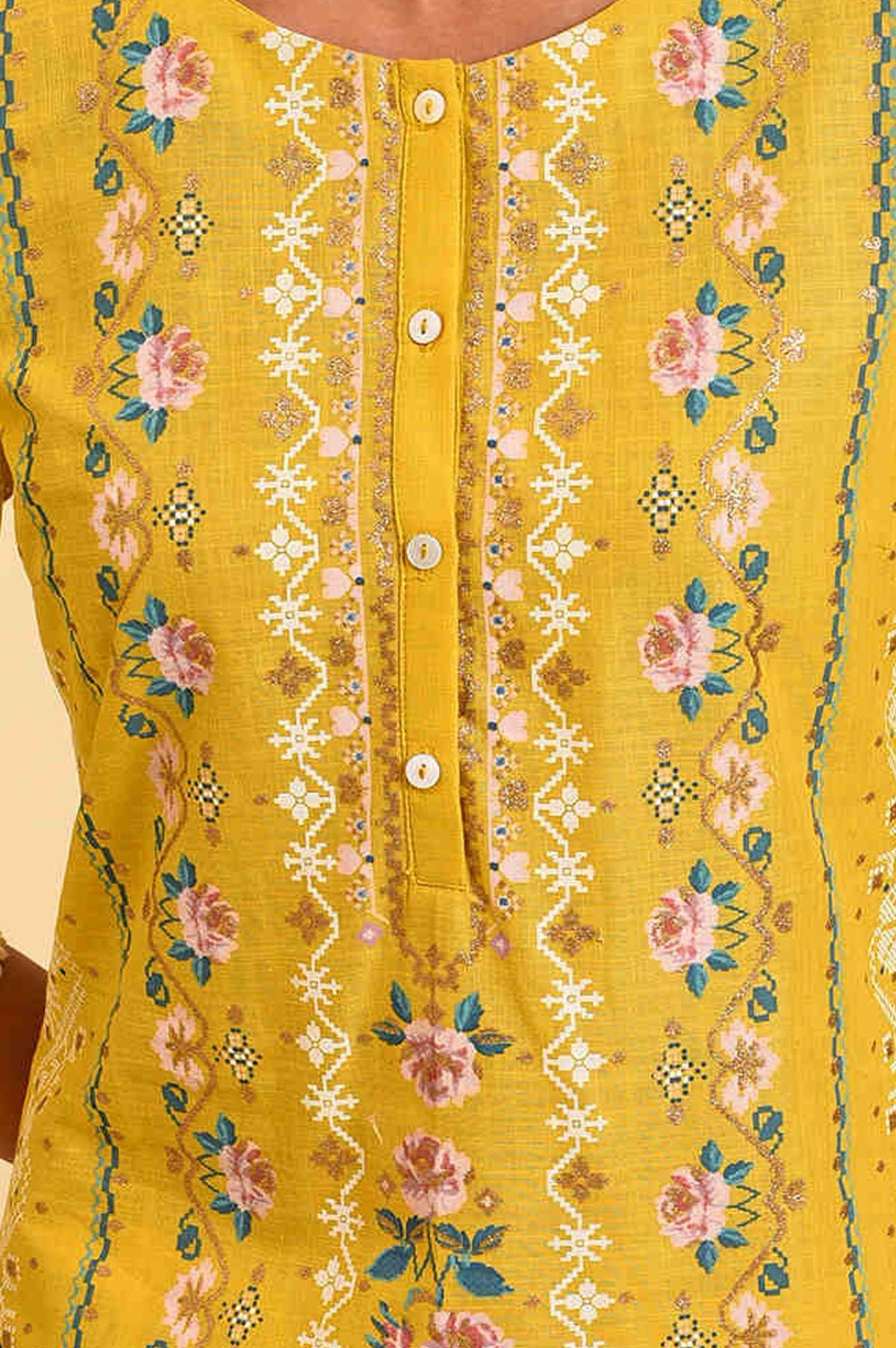Yellow Floral Printed Lace Pure Cotton Straight Kurta with Slim Pant Set