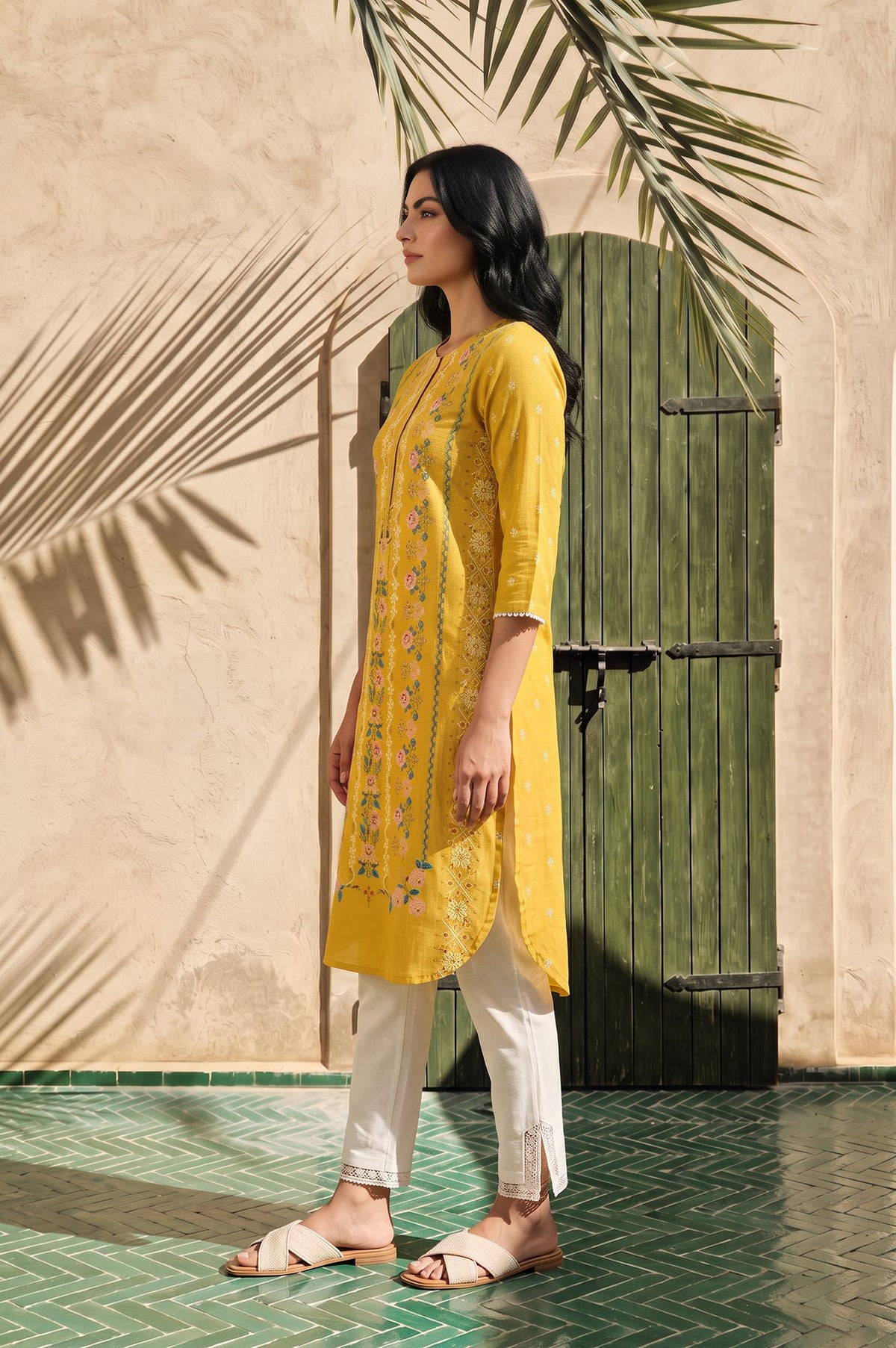 Yellow Floral Printed Lace Pure Cotton Straight Kurta with Slim Pant Set