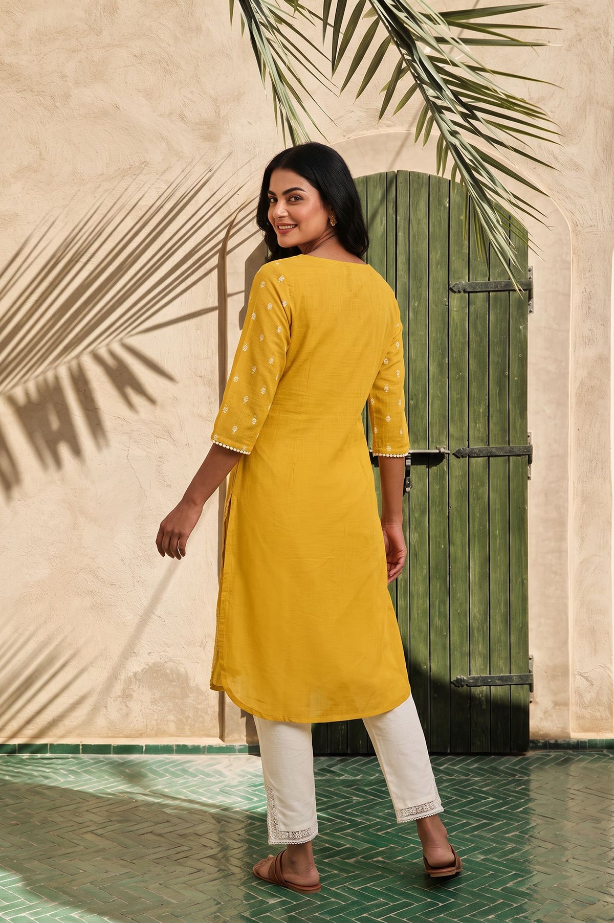 Yellow Floral Printed Lace Pure Cotton Straight Kurta with Slim Pant Set